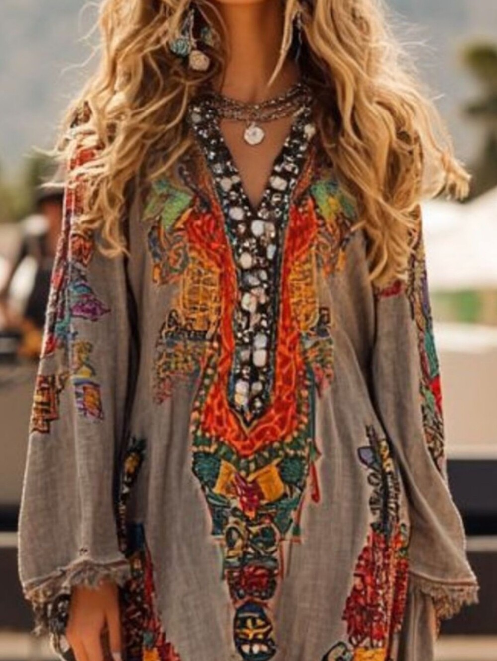 Boho Embroidered Fringe V-Neck Tunic Dress - Picture 2 of 4